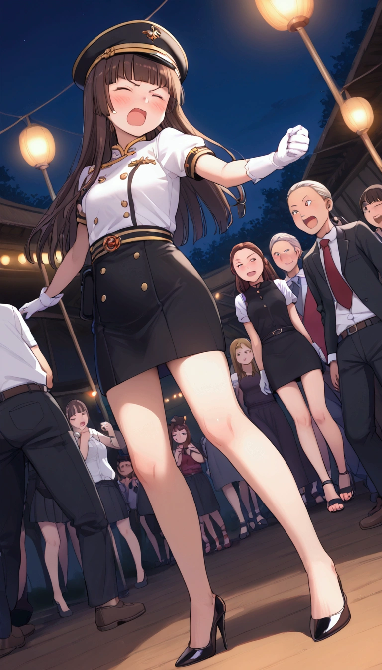 {Highest quality}, {so beautiful},{Ultra-fine},{Best illustrations},Brown Hair,Hime cut,Long Hair,Braiding,One Woman,Standing woman,Strike a Pose,Adult female,Angry face,Open your mouth,Uniform Cap,White shirt,Short sleeve,long black skirt,White gloves,Night Festival,blush,thin,Black high heels,barefoot,From an angle,From below,Woman with legs closed,