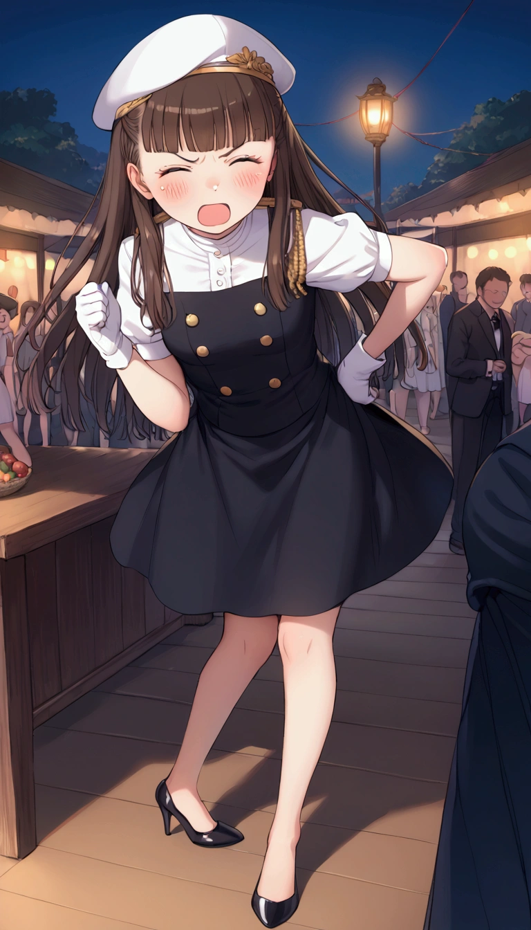 {Highest quality}, {so beautiful},{Ultra-fine},{Best illustrations},Brown Hair,Hime cut,Long Hair,Braiding,One Woman,Standing woman,Strike a Pose,Adult female,Angry face,Open your mouth,Uniform Cap,White shirt,Short sleeve,long black skirt,White gloves,Night Festival,blush,thin,Black high heels,barefoot,From an angle,From below,Woman with legs closed,