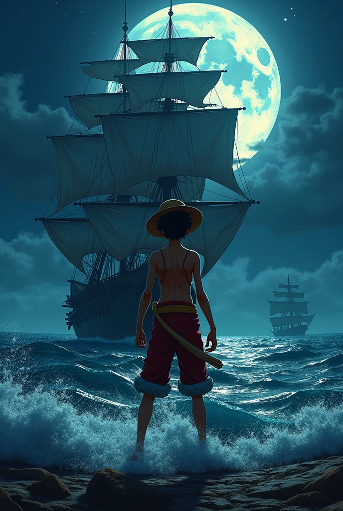 Illustrection A luffy with pairat ship nigth mear moon