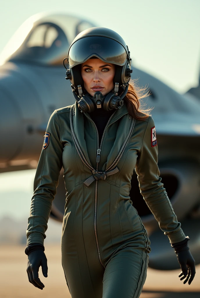 Angelina Jolie wearing a fighter pilot suit, wearing a pilot helmet, wearing oxygen mask, running towards f16, side view