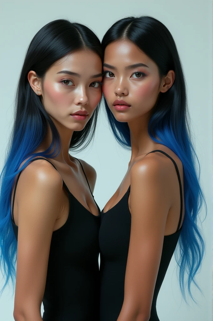 2 thin woman with model face and blue streak in her hair