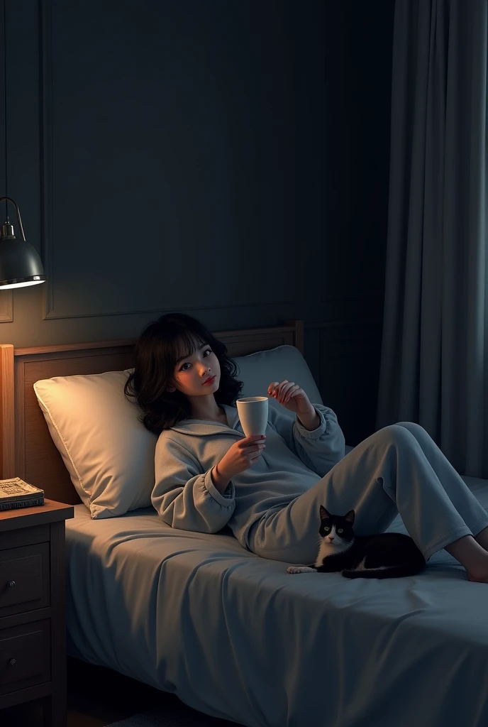 Girl drinking coffee in black bedroom color shows room with cat girl drinking coffee while lying on bed