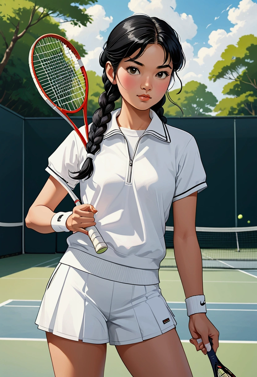 A beautiful young girl in Sarah Kay style, Asian with black hair tied in a single long braid and dressed in an all-white tennis sports outfit, with white sneakers and socks, carries a racket in her hand, her style is 50s, she is in a relaxed attitude.