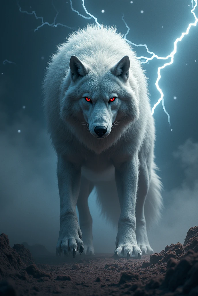 Wolf with angry mood in space with thunder and lightning spark with red eye and White hair