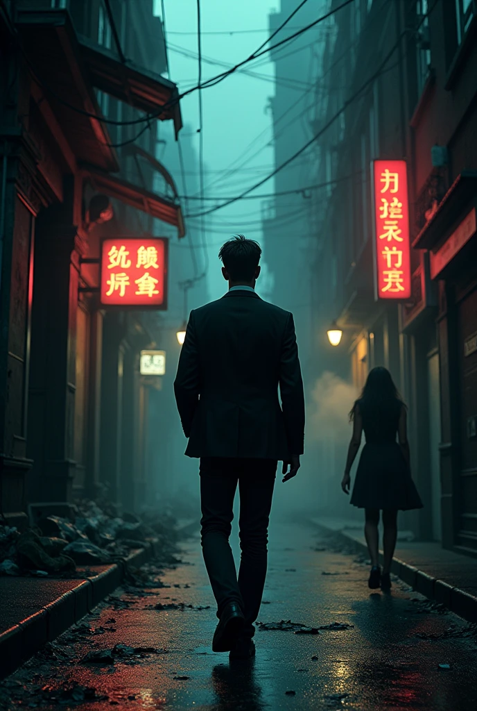 A handsome young man walking on a city street , Dark theme , Narrow streets  ,  The woman secretly followed him 