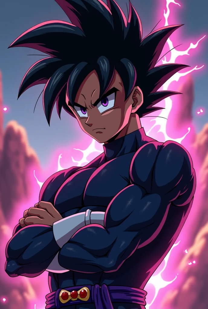 A dark skinned Saiyan man from the Dragon Ball universe, violet eyes, short straight black hair, muscular, with a shy expression on his face, with dragonball drawing style.