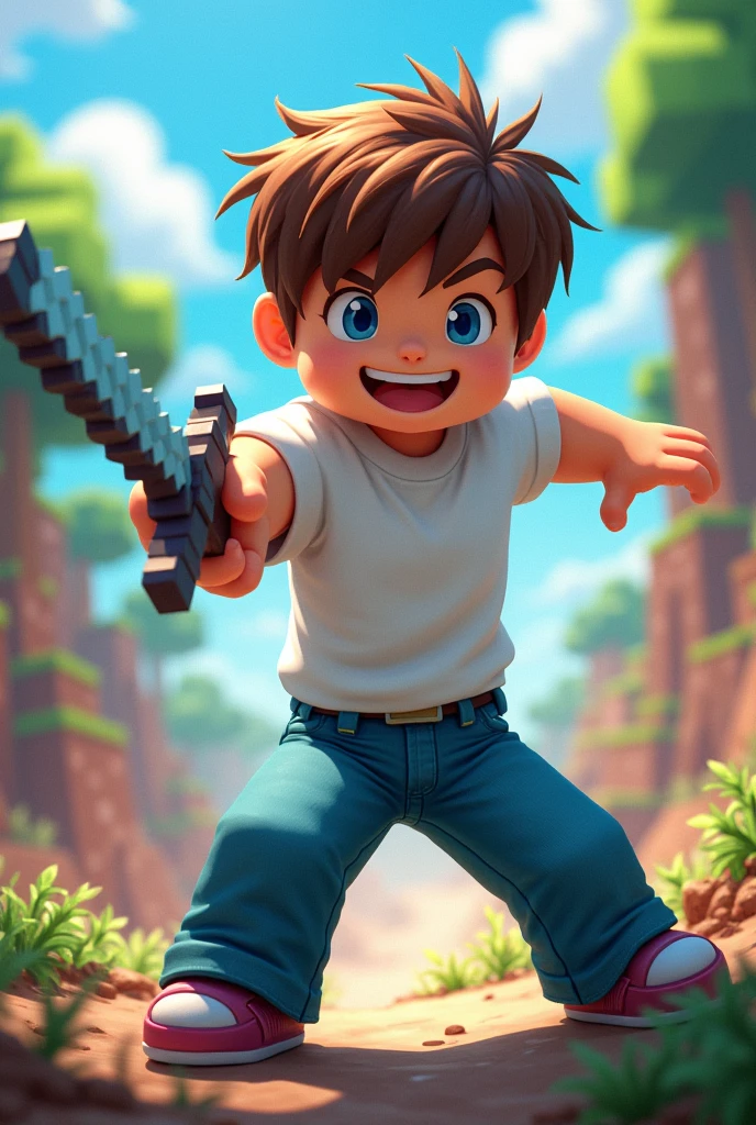 A vibrant character, in Minecraft style, with short brown hair, wearing a white sweatshirt and blue jeans. The character is holding a Minecraft sword and is depicted in an action pose.. The art style is similar to the second image provided, with bright colors, expressive facial features and a dynamic, lively background, featuring elements such as trees, clear skies and a fantasy atmosphere. The character must convey a sense of adventure and excitement, fitting into a colorful world, like a game."
2D drawing with a paper drawing tone but very colorful
