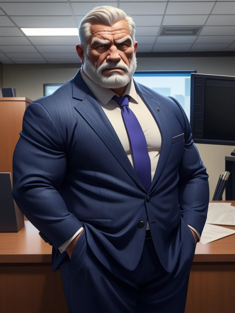 a muscular old man with a beard, no mustache, wearing a suit, necktie, standing in office, (best quality,4k,8k,highres,masterpiece:1.2),ultra-detailed,,detailed wrinkles,detailed facial features,detailed texture, half body, halfbody