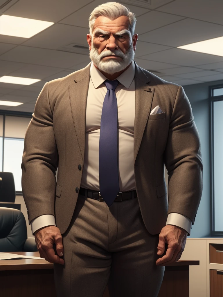 a muscular old man with a beard, no mustache, wearing a suit, necktie, standing in office, (best quality,4k,8k,highres,masterpiece:1.2),ultra-detailed,,detailed wrinkles,detailed facial features,detailed texture, half body, halfbody