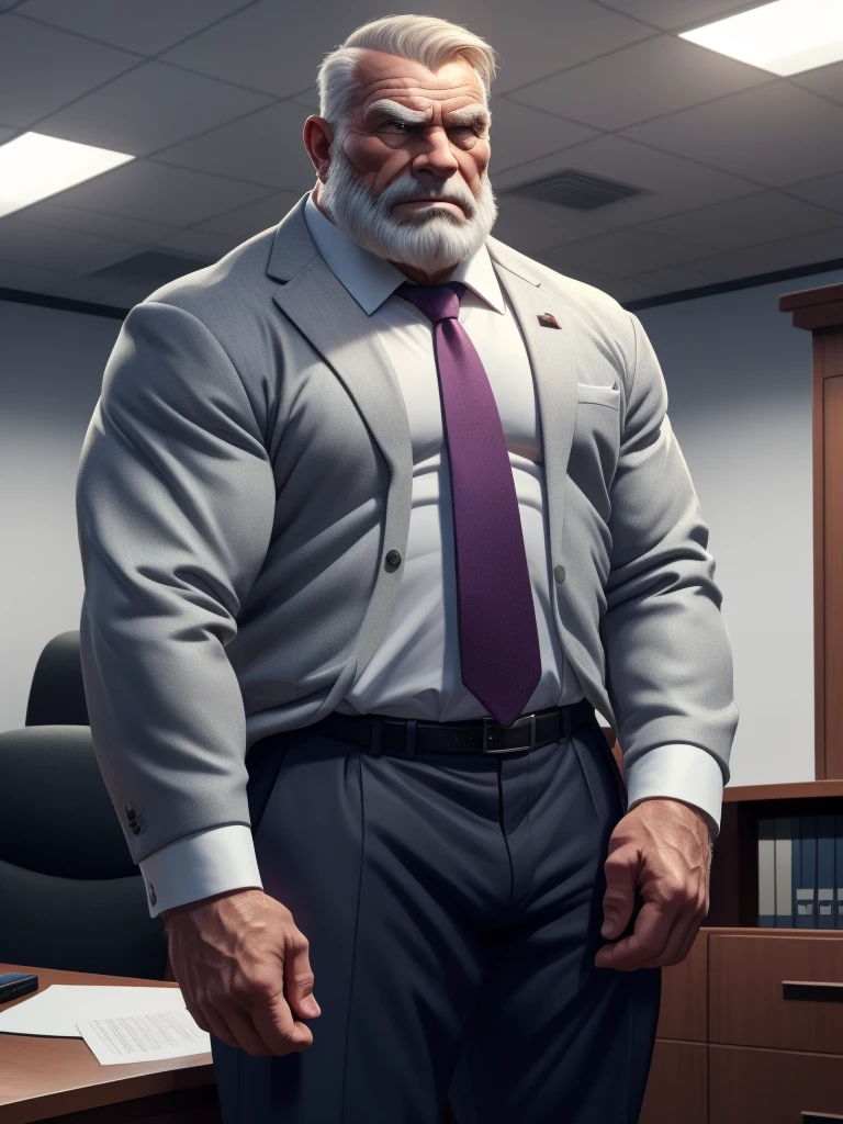 a muscular old man with a beard, no mustache, wearing a suit, necktie, standing in office, (best quality,4k,8k,highres,masterpiece:1.2),ultra-detailed,,detailed wrinkles,detailed facial features,detailed texture, half body, halfbody