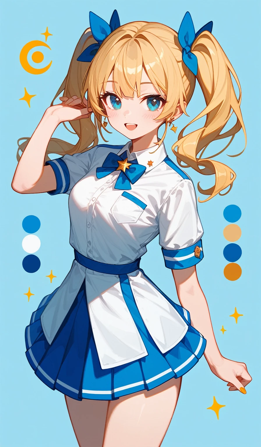 (masterpiece, The best quality at its best:1.2), alone,Game character design、Character design for gal games、Character Sheet、Blonde、Twin tails、Mr.々A pose、front、mini skirt、White shirt with blue stripes、Cute Gal