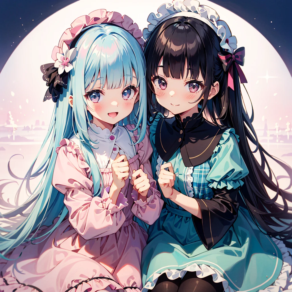 elder sister helps a little sister to change clothes, puts on the pink frilled chiffon dresses, puff-sleeve, long sleeved, puffed up with panier, blunt bangs, head-dress, plaid pantyhose, happy smiling, portrait, shallow depth of field, absurdres:1.1, highres:1.1, ultra detailed:1.1