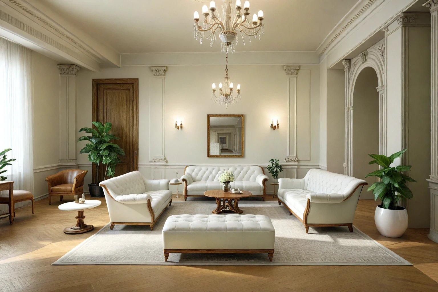 RAW photo, masterpiece, a view of a ( living ROOM :1.3) with a couch, chairs, and a chandelier, highly detailed interior, neo - classical style, neoclassical style, neoclassicism style, interior architect architectural visualization, neoclassical style, in style of classicism, white light sun, rendered in vray, rendered in v-ray, rendered in unreal engine 3d, (photorealistic:1.2), (photorealistic:1.5), best quality, ultra high res, architechture, (leather sofa detail:1.5), neoclassic house, (detailed railing neoclassic:1.5), luxury neoclassical villa, (mable floor details:1.5), (detailed neoclassical carpet:1.5), in the style of neoclassical scene, glass windows, best quality, (Intricate lines:1.5), ((Photorealism:1.5)),(((hyper detail:1.5))), archdaily, award winning design, (dynamic light:1.3), (day light:1.2), (perfect light:1.3), (shimering light :1.4), refection glass windows, (curved line architecture arch:1.2), photorealistic, FKAA, TXAA, RTX, SSAO, Post Processing, Post-Production, CGI, VFX, SFX, Full color,((Unreal Engine 5)), Canon EOS R5 Camera + Lens RF 45MP full-frame CMOS sensor, HDR, Realistic, Cinematic intricate detail, extreme detail, science, hyper-detail, FKAA, super detail, super realistic, crazy detail, intricate detail, nice color grading, reflected light on glass, eye-catching wall lights, unreal engine 5, octane render, cinematic, trending on artstation, High-fidelity, Viwvid, Crisp, Sharp, Bright, Stunning, ((Lifelike)), Natural, ((Eye-catching)), Illuminating, Flawless, High-quality,Sharp edge rendering, medium soft lighting, photographic render, detailed archviz, ((( BRIGHT WHITE  Tone : 5 ))), (( LIGHT NATURAL reddish-brown doussie wood ))
