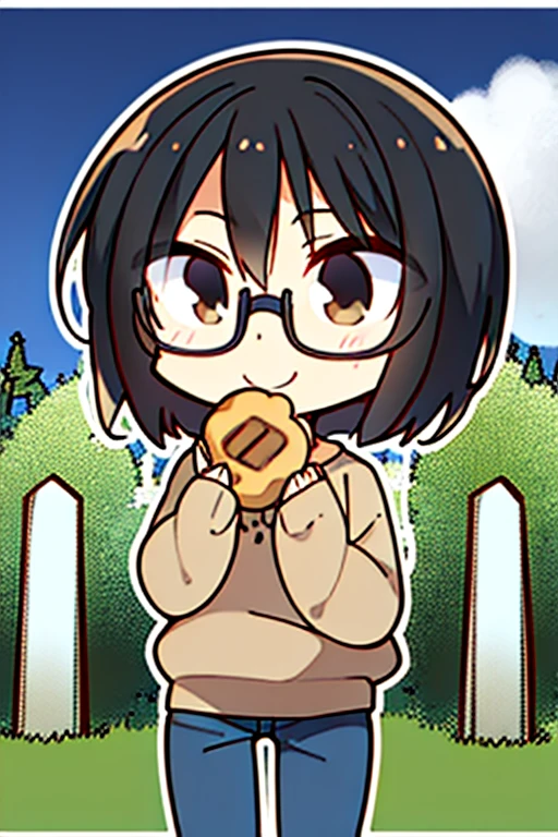 Perfect face. Perfect hands. A black haired boy with light brown eyes and short hair and glasses in a sweatshirt and jeans is eating a cookie in the cemetery with a big smile