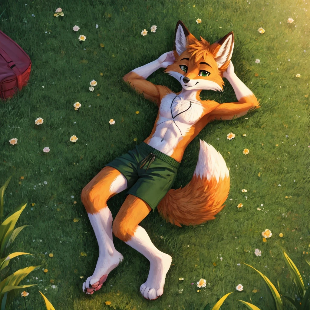 fox, furry, orange fur, white fur on chest, barefoot, fox tail, 4 toes on feets, dark green shorts, lying on a grass in a park, pads on feet and hands, showing soles feet.