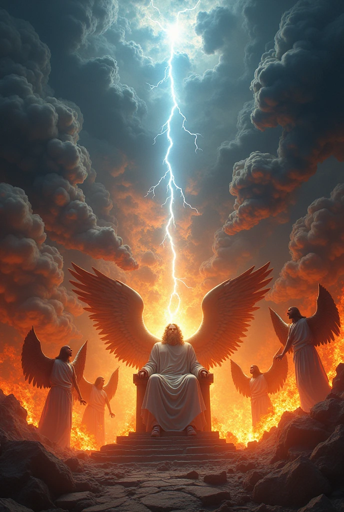 "Create an apocalyptic-themed book cover inspired by the Bible's Book of Revelation, set in modern times. The image should convey an atmosphere of chaos and judgment., with a gloomy sky and heavy clouds. At the center, highlight an angel with a powerful trumpet, symbolizing the beginning of divine judgments, surrounded by lightning and fire In the background, a partially destroyed modern city, with buildings collapsing, fire and smoke, revealing the impending destruction. dark representing the four horsemen of the Apocalypse in the background, with its grasshopper details floating around. The color palette should be dramatic, com tons de vermelho, black and gold, to enhance the sense of catastrophe and ultimate hope.