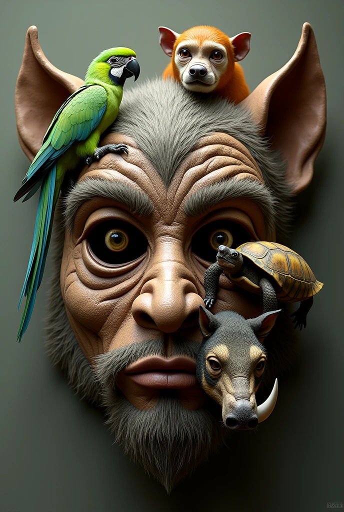 Mask with a green macaw, a mono, a fat man, a turtle and a wild boar inside the mask 
