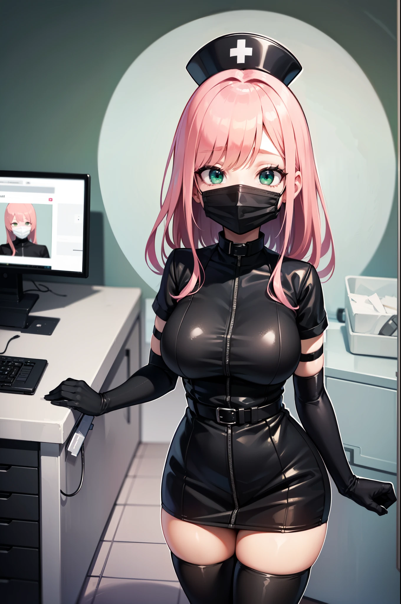 black nurse, 1woman, solo, black nurse cap, black nurse uniform, ((black legwear, zettai ryouiki)), black elbow gloves, pink hair, green eyes, drooping eyes, ((black surgical mask, covered nose)), standing, ((surgery room)), sharp outline, short sleeves, mature female, 32yo, best quality, masterpiece