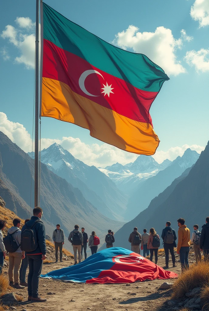 Huge Azerbaijan flag in the mountain.and tourists.and red,blue,yellow armenian flag on the floor with dirty brown stains.