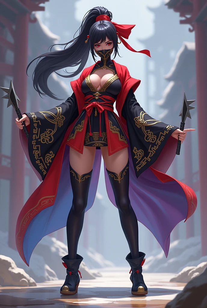 1woman, adult woman, mature, solo, 46-years old, elf, standing, upper body shot, focus on face, sexyPose,Female ninja, sexy full body, fishnet, Sexy ninja costume, thighhighs, pelvic curtain, mouth cover, mouth mask, tight mask, cloth mask, lips shap on the mask, bodysuit, nsfw((masterpiece)), beautiful adult woman, long hair, absurdly log hair, black hair, colored inner hair blue, yellow eyes, big eyes, thick thighs, big ass, busty, sharp focus, perfect body, massive boobs, wide hips, (thick thighs:1.2), huge pussy, deep crotch, thick body, full body, massive lips, hourglass body, athletic body, big abs, muscolar legs, athletic ass, Japanese castle, Cherry blossom tree, Ultra Quality, Masterpiece, Ethereal,Ultra-Detailed,8K, breathtaking beauty, vivid colors reflects, front view