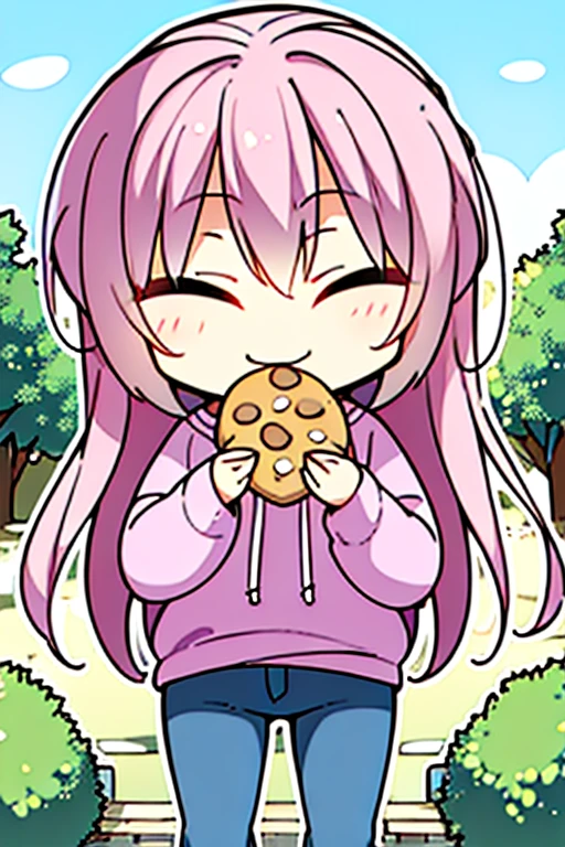 Perfect face. Perfect hands. A pink haired girl with violet in a sweatshirt and jeans is eating a cookie in the cemetery with a big smile