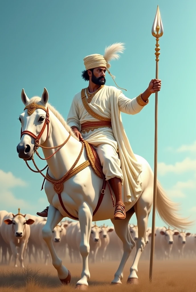 Create an image of Tejaji Maharaj with a traditional and decorative Rajasthani turban on his head. He should have a shining spear in his hand which is shiny and impressive. Tejaji Maharaj is wearing white clothes, which shows his royal dignity. They have white, shiny shoes on their feet. He should ride on a white horse, which shows his bravery and valor.He has only mustaches on his face, which shows his strength and courage. The background should have a blue sky, giving the picture an open and spacious perspective.
Tejaji Maharaj is protecting the cows from thieves
