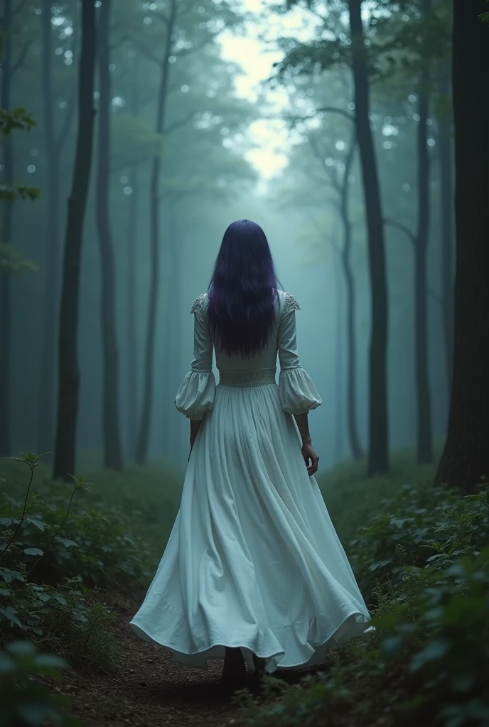 English woman 20 years old,skin fair,sparkling green eyes,dark purple hair,white dress turning black,she is in distress sad,walking away from a blond haired man,scenario forest of light turning into dark forest,scenarioposes,make-up,cinema image,品質,full body images,detailed,full body image,high resolution,she is being taken by darkness