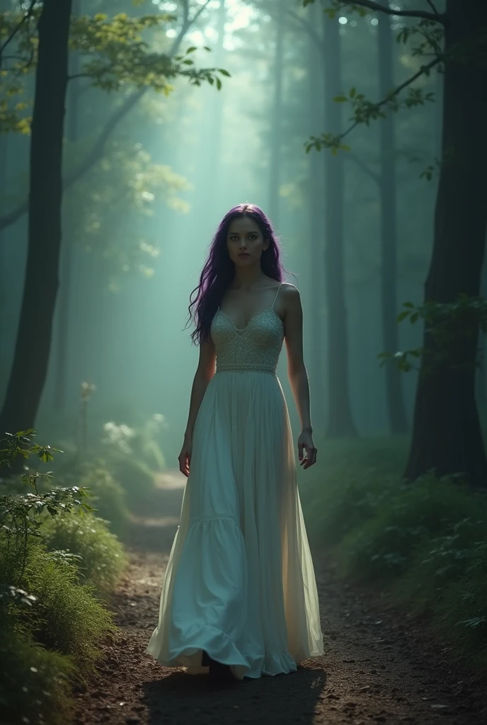 English woman 20 years old,skin fair,sparkling green eyes,dark purple hair,white dress turning black,she is in distress sad,walking away from a blond haired man,scenario forest of light turning into dark forest,scenarioposes,make-up,cinema image,品質,full body images,detailed,full body image,high resolution,she is being taken by darkness