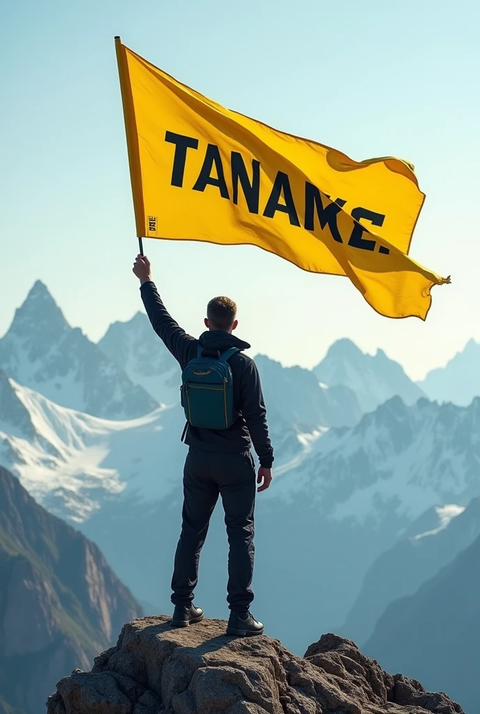 A man stands on top of a mountain, in sportswear, in hands a flag yellow flag with black inscription 50000