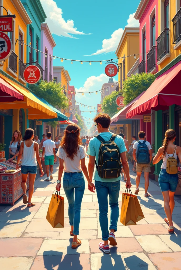They are on a colorful street. Boyfriend is with shopping bags behind the girlfriend
Create drawing