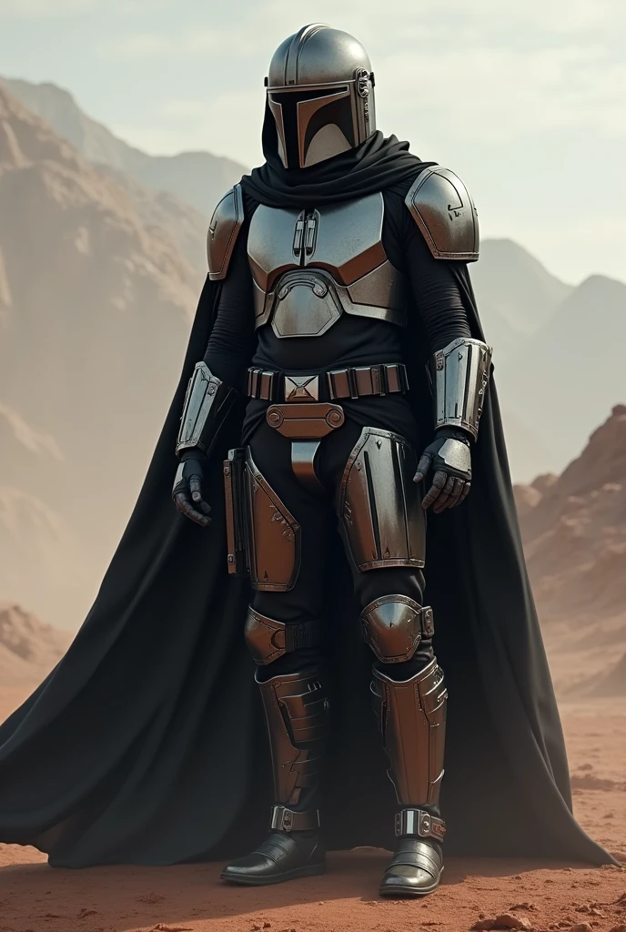 Mandalorian in technological armor, black cape and black hood