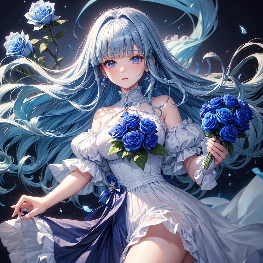 ((Highest quality)),(Ultra-high resolution),Flared skirt dress,High neck、The material of the dress is deep blue roses、Highly detailed CG Unity 8k wallpaper, , Earrings, Blue hair, Curly Hair, Blunt bangs, Straight bangs, Blue eyes, White skin, Gal, One person、Her flat chest is hidden by her dress