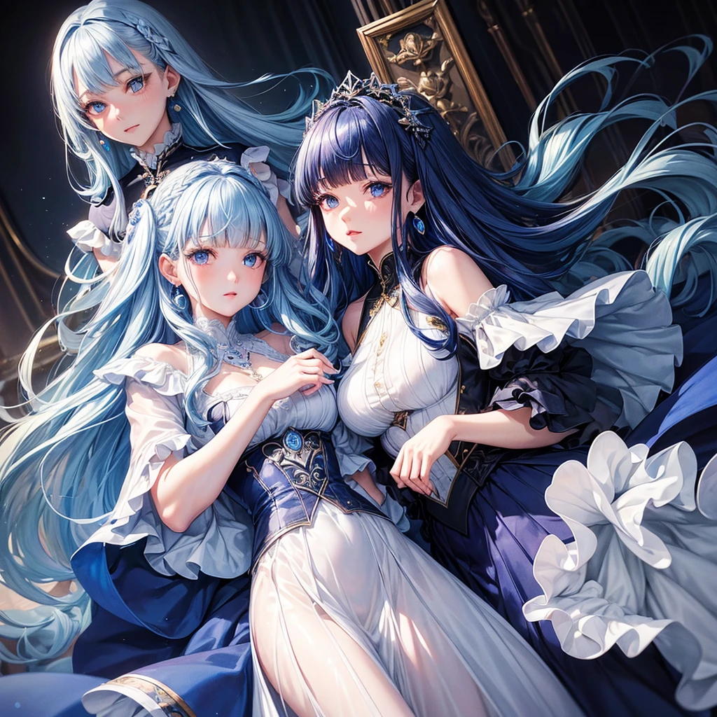 ((Highest quality)),(Ultra-high resolution),Flared skirt dress,High neck、The material of the dress is deep blue roses、Highly detailed CG Unity 8k wallpaper, , Earrings, Blue hair, Curly Hair, Blunt bangs, Straight bangs, Blue eyes, White skin, Gal, One person、Her flat chest is hidden by her dress