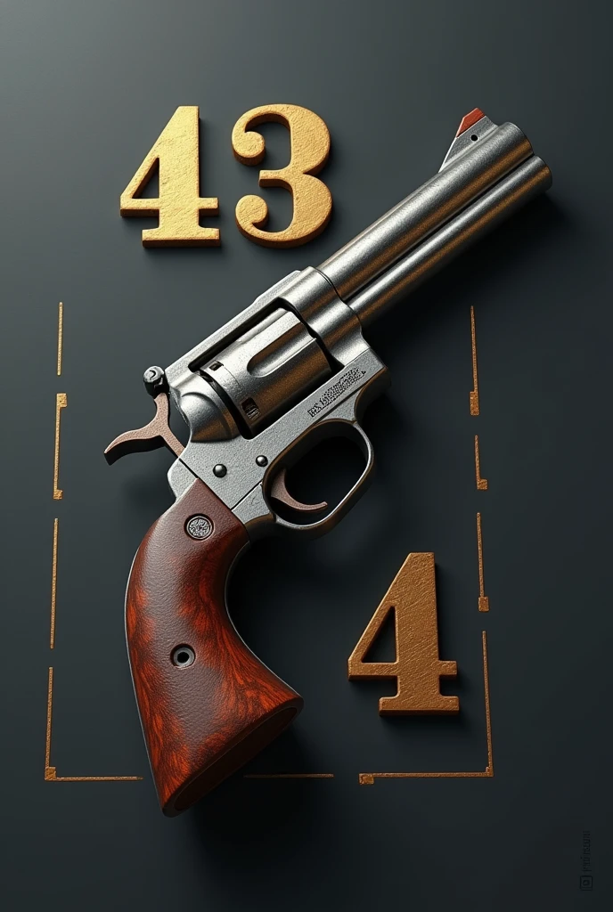 Create an image of a number 44 Create an image of a 44 caliber gun in allusion to 44 years of anniversary specifying the number 44 of the caliber and the age, remembering show the number 44 of the caliber and age