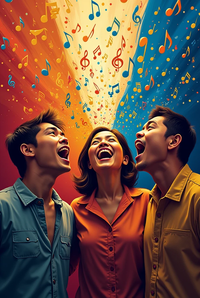 A group of filipino people singing with their mouths open, and from their mouths, musical notes intertwined with chains that are breaking apart. The background is the Philippine flag