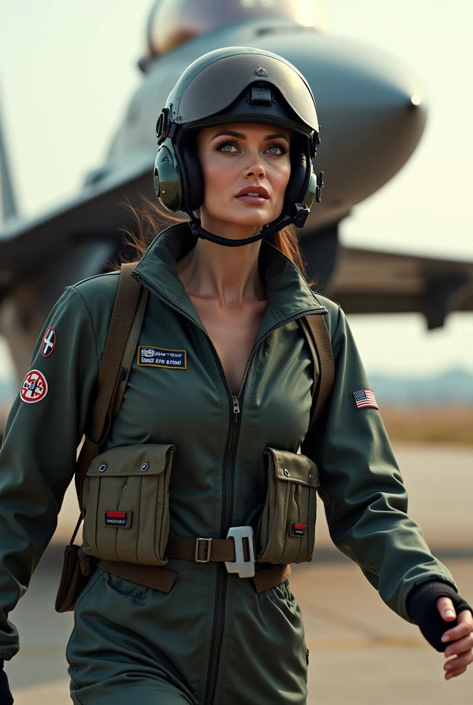 Angelina Jolie wearing a fighter pilot suit, wearing a pilot helmet and oxygen mask, running towards f16, side view 