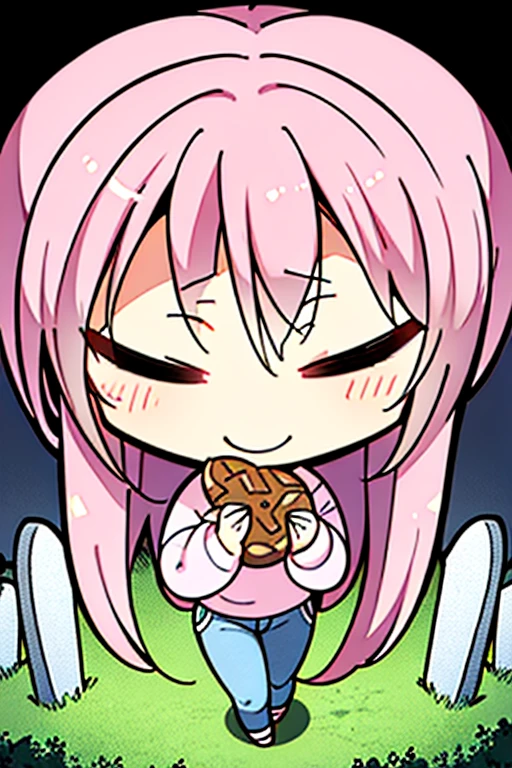 Perfect face. Perfect hands. A pink haired girl with violet in a sweatshirt and jeans is eating a cookie in the cemetery with a big smile