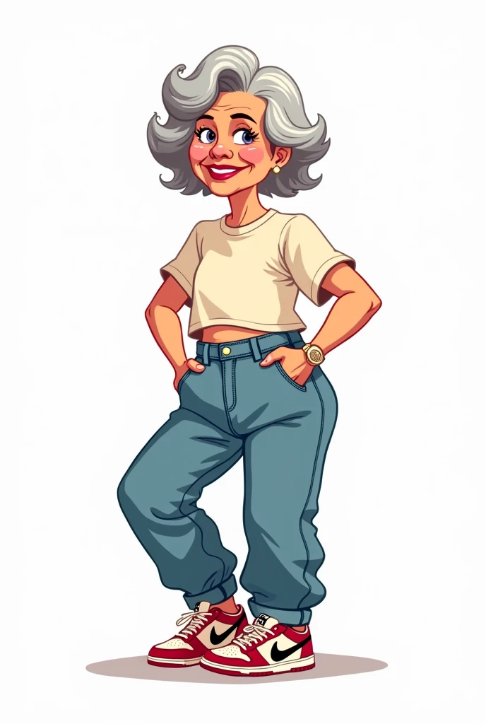 Cartoon logo of a grandmother wearing loose louis vuitton tshirt, loose jeans and nike dunk sb lowcut shoes. White background
