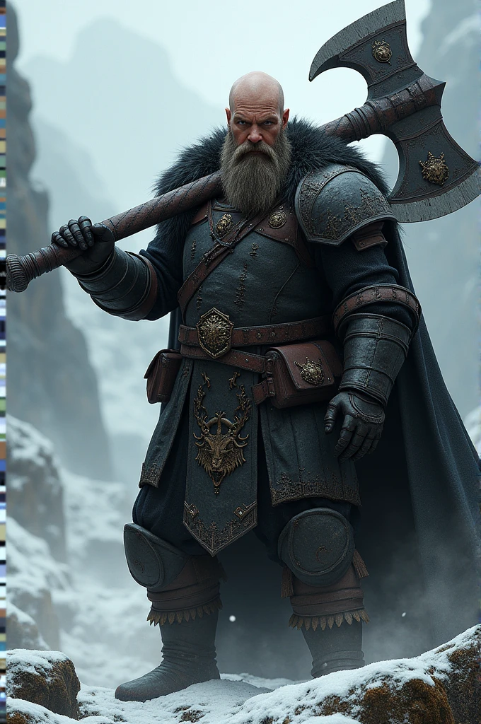 create a medieval barbarian with black armor, bald and with a respectable beard holding a large two-handed axe with bear details on the axe