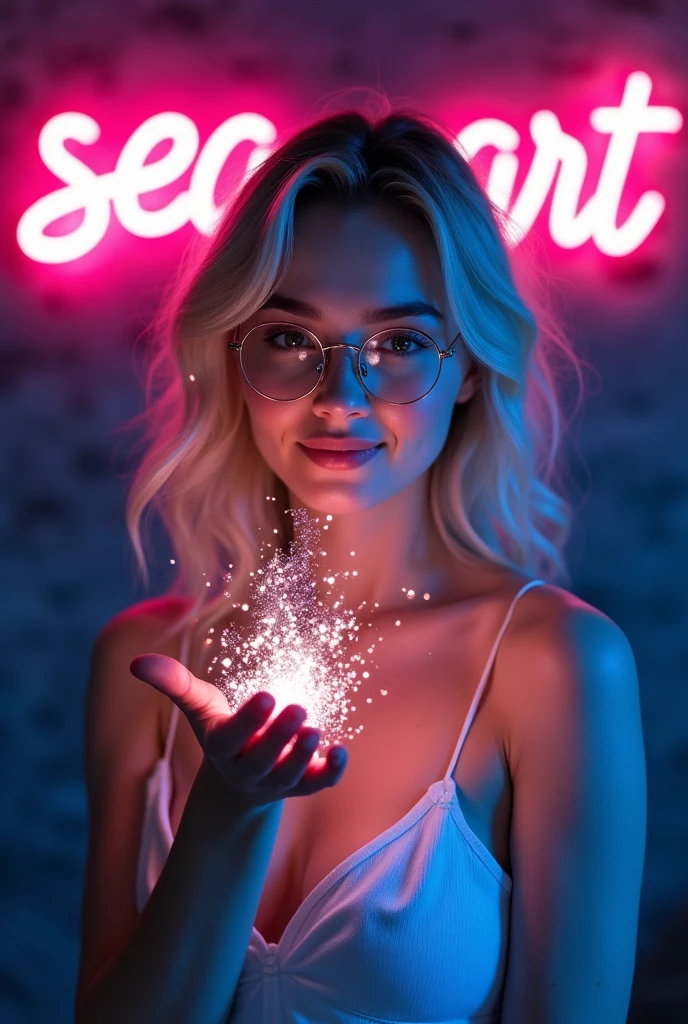 A portrait of a Khazakstan beautiful young woman holds light particles in front of her face in dark room with both hands and show it to the viewer, in front of a dark grey wall with the words "Sea-Art" written in neon behind her, Sea in pink color neon and Art in blue color neon. (Create a bright pink and blue ambience light in a room). She is wearing a white low cut camisole, titanium frame round glasses, (light particles reflecting on the glasses), (she's looking at the light particles and smile), slender body, sexy body, indoor, light blond long wavy hair, sexy moist lips, beautiful brown eyes. Highly detailed, intricate detailed, ultra sharp focus, (low contrast), dreamy, close up photo, pink and blue ambience neon light