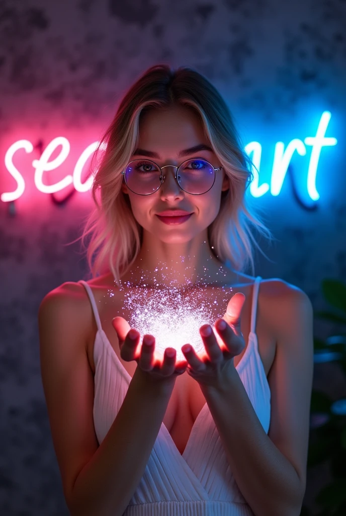 A portrait of a Khazakstan beautiful young woman holds light particles in front of her face in dark room with both hands and show it to the viewer, in front of a dark grey wall with the words "Sea-Art" written in neon behind her, Sea in pink color neon and Art in blue color neon. (Create a bright pink and blue ambience light in a room). She is wearing a white low cut camisole, titanium frame round glasses, (light particles reflecting on the glasses), (she's looking at the light particles and smile), slender body, sexy body, indoor, light blond long wavy hair, sexy moist lips, beautiful brown eyes. Highly detailed, intricate detailed, ultra sharp focus, (low contrast), dreamy, close up photo, pink and blue ambience neon light