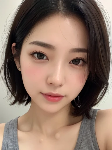 masterpiece、Highest quality、Realistic、超High resolution、High resolution、16k wallpaper、Very detailed、Finer details、Cinema Lighting、White Room、Young woman taking a selfie,( Sweaty skin、Sweaty skin、Sweaty grey tank top:1.3)、Very detailedな顔、Transparent white skin texture、Rounded outline、Natural Makeup、A small smile、short hair、Gentle expression、Detailed eyes、Symmetrical black eyes、(short hair、low hair volume、Thick Hair、Coarse hair、High quality grey tank top)、Nice, Japanese Gravure Idol