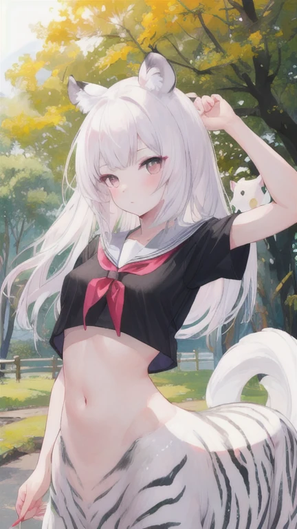 (best quality, masterpiece), 1 girl, centaur, I beg, White skin, Japanese schoolgirl,daughter,black pink, exposing the abdomen, belly button t-shirt , beautiful girl perfect, White tiger photo, Perfect zoo photo