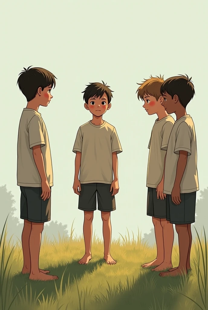 four boys are standing. one is standing far way from the three because three are in good hygiene and one in poor hygiene. three boys don't like the forth one
