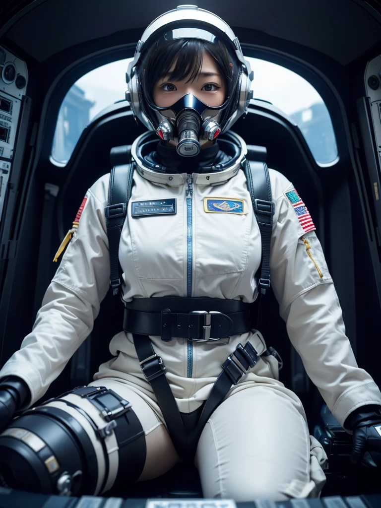 masterpiece, Highest quality, Very detailed, Japanese Android girl, Beautiful 2 Japanese woman, Plump,Slightly thicker,Control panel,Android,cyborg,Blunt bangs,Sitting in the cockpit of a spaceship and piloting it,astronaut,Thick harness belt,Full-face helmet,gas mask