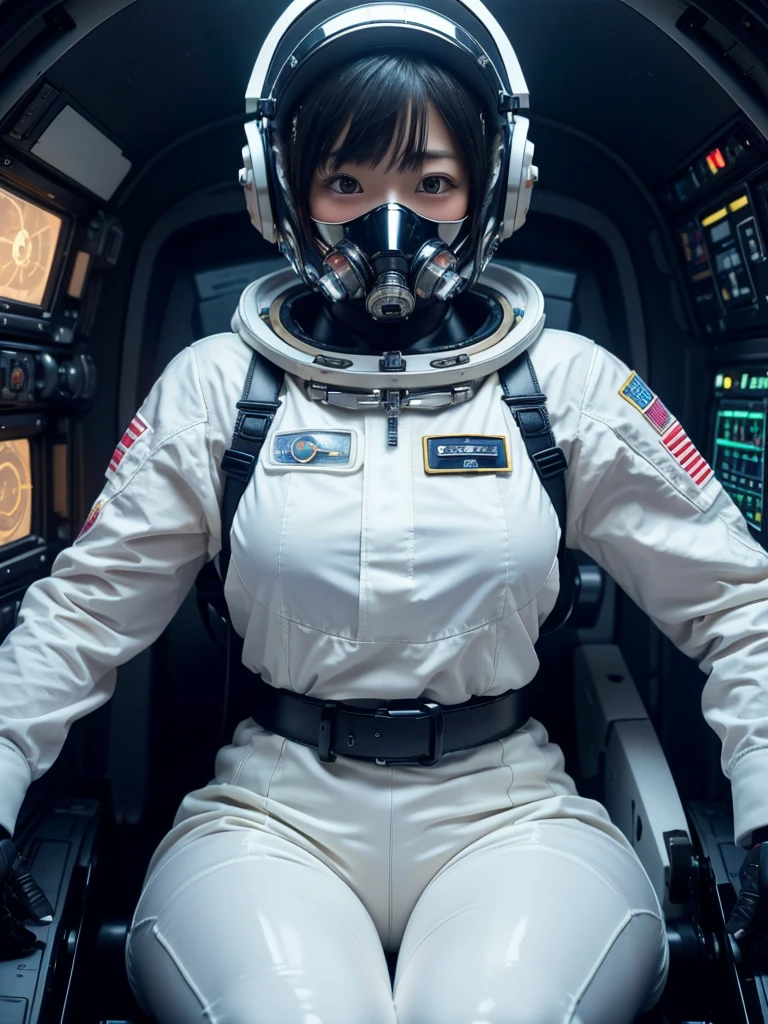 masterpiece, Highest quality, Very detailed, Japanese Android girl, Beautiful 2 Japanese woman, Plump,Slightly thicker,Control panel,Android,cyborg,Blunt bangs,Sitting in the cockpit of a spaceship and piloting it,astronaut,Thick harness belt,Full-face helmet,gas mask