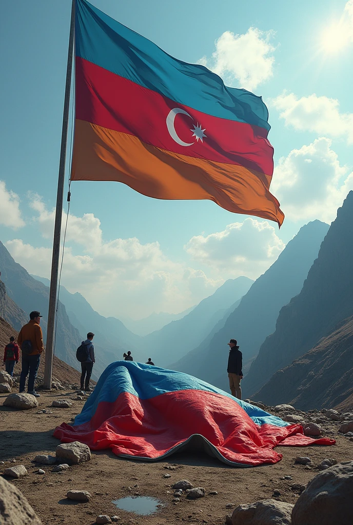 Huge Azerbaijan flag in the mountain.and tourists.and red,blue,yellow armenian flag on the floor with dirty brown stains.