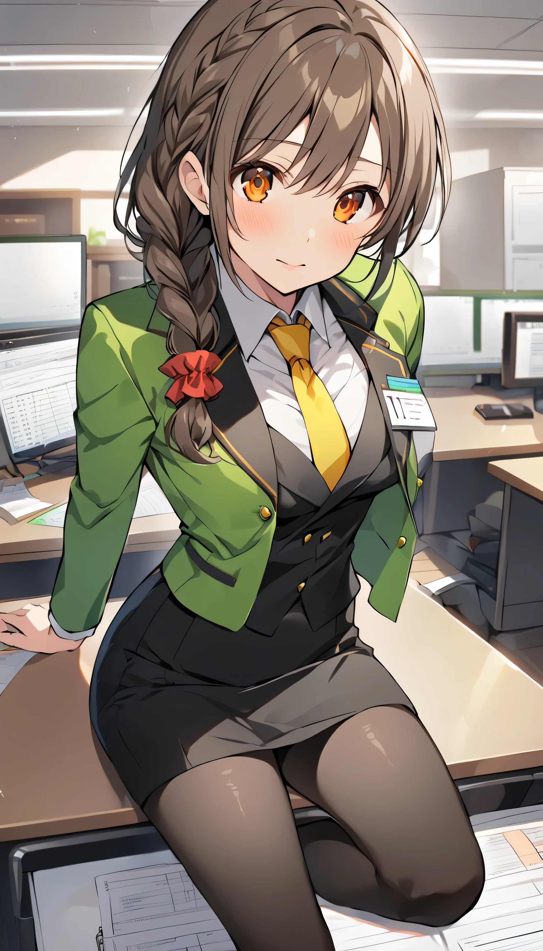 score_9, score_8_up, score_7_up, source_anime, best quality, masterpiece, office,
human, solo, sosenkawa chihiro, cosChihhi, brown hair, orange eyes, side braid, red scrunchie, green jacket, black pantyhose,  black pencil skirt, yellow necktie, three-piece suit, blazer, waistcoat
