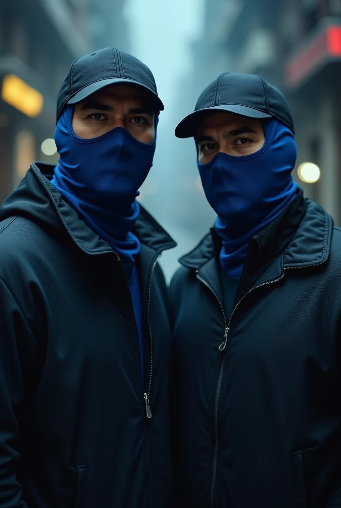 2 man wearing a blue mask with black cap