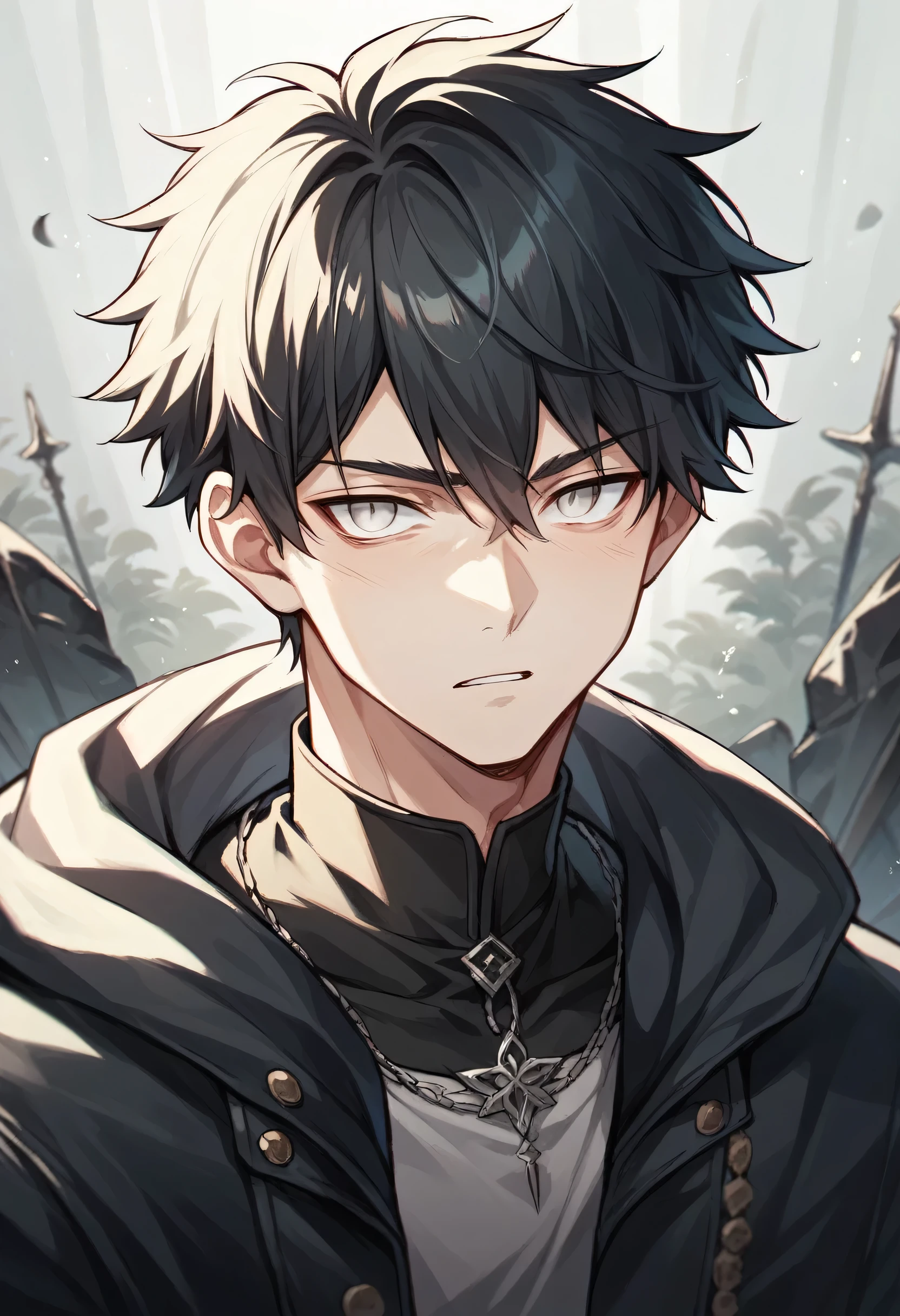anime boy, completely white, a black eye, a white eye